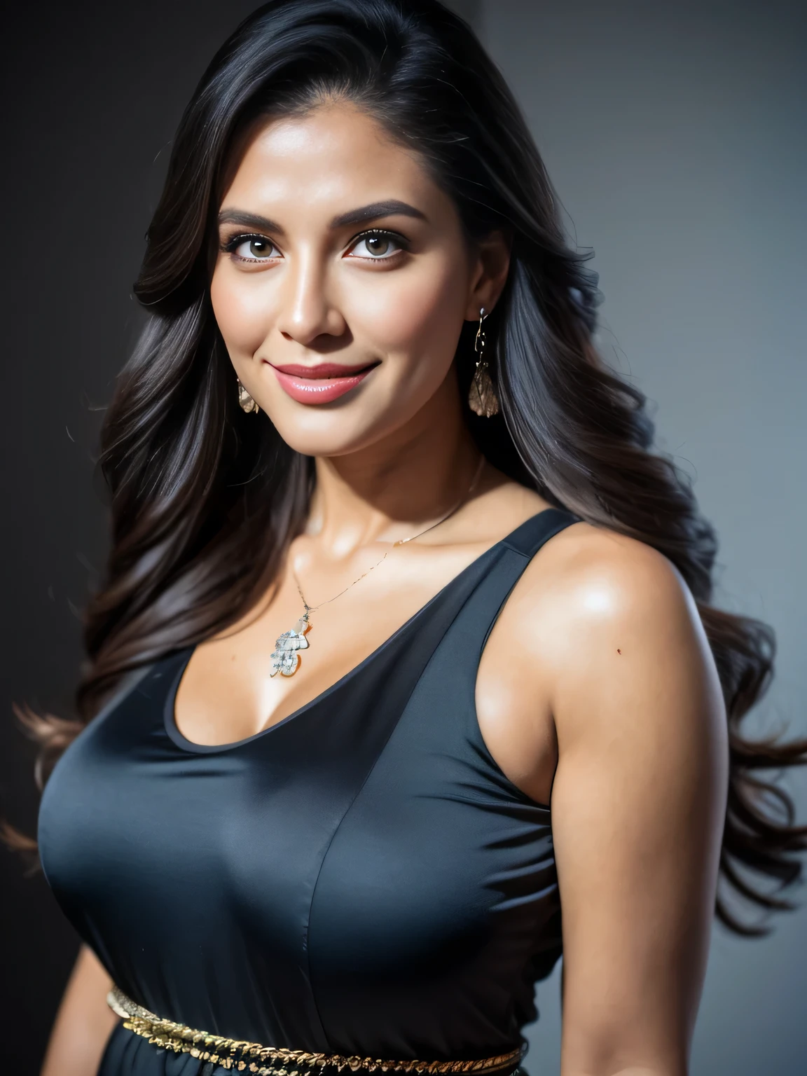 Portrait of a confident looking woman with long and thick hair, haselnussbraune Augen, a tank top , A smile on your face, ein lustvoller Blick, tragen Sie eine traditionelle indische Kleidung, wear a nice, weites Kurti-Kleid,Breast size C, perfekte Komposition, hyperrealistisch, Super detailliert, 8k, good quality, trendige Kunst, Trends auf ArtStation, scharfer Fokus, Studiofoto, komplizierte Details, sehr detailliert, Kunst von Greg Rutkowski