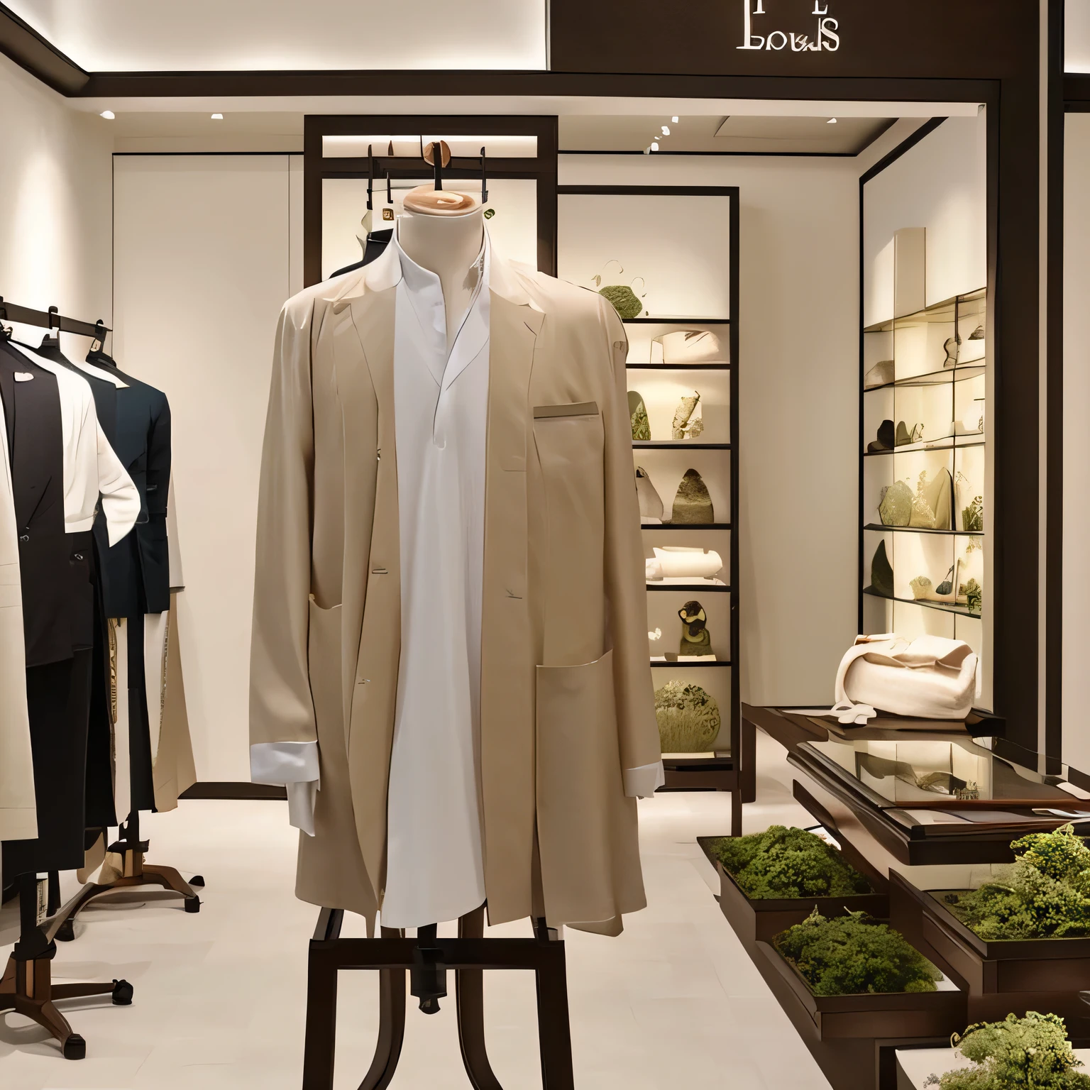 luxury store showcase with ecological and bio sustainable clothing made from lotus flower fiber, designer and delicate clothing men's clothes