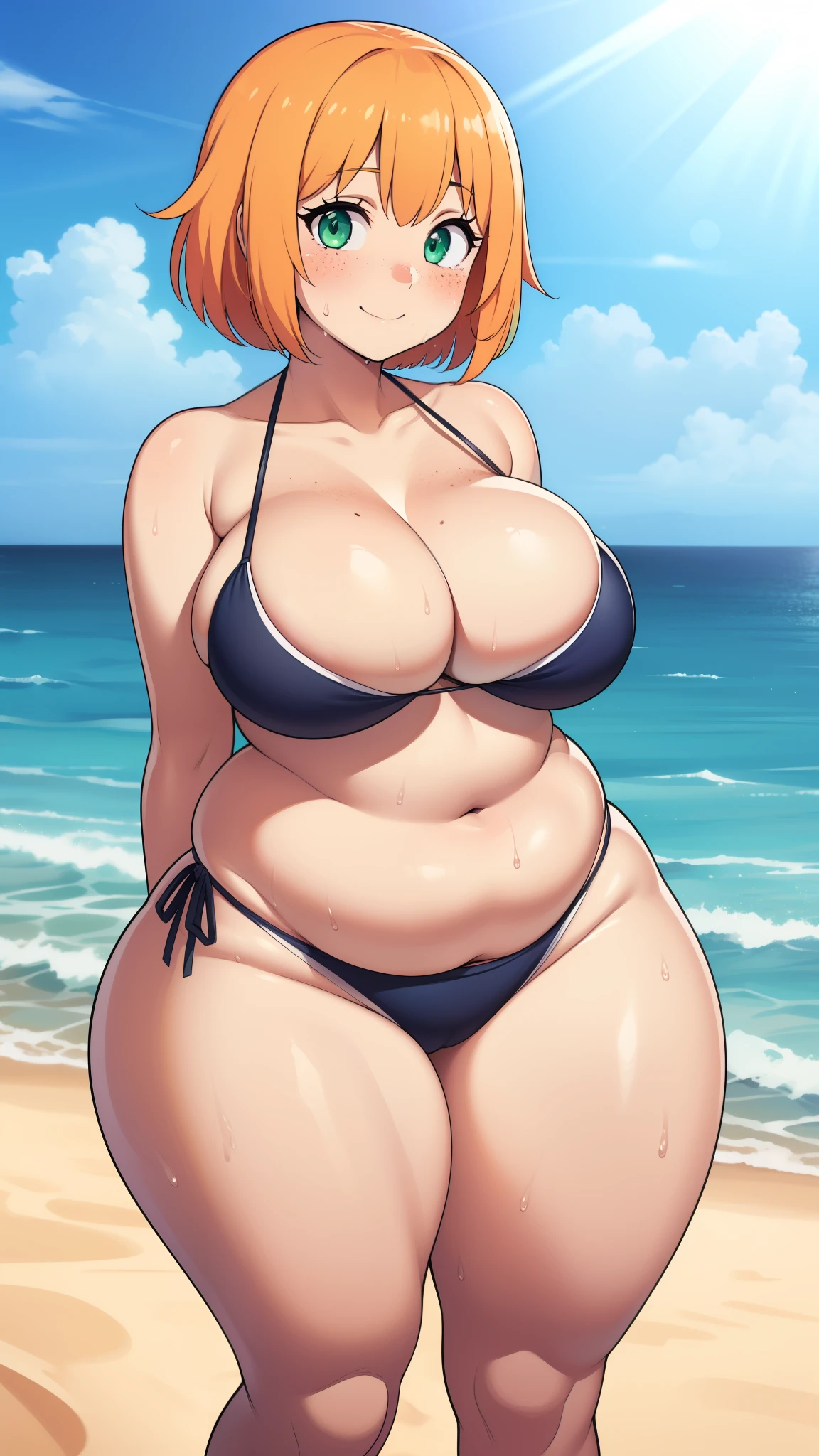 ((highres)), Masterpiece, high quality, best quality, beautiful, perfect lighting, detailed face, ultra cute face, ((1girl)), ((solo), short fluffy orange hair, green eyes, freckles, ((blush)), sweet smile, looking at viewer, arms behind back, standing on a beach, (beach), wet, daytime, side tie bikini, (((thick thighs))), ((wide hips)), cleavage, medium breast, chubby, 20 year old female,