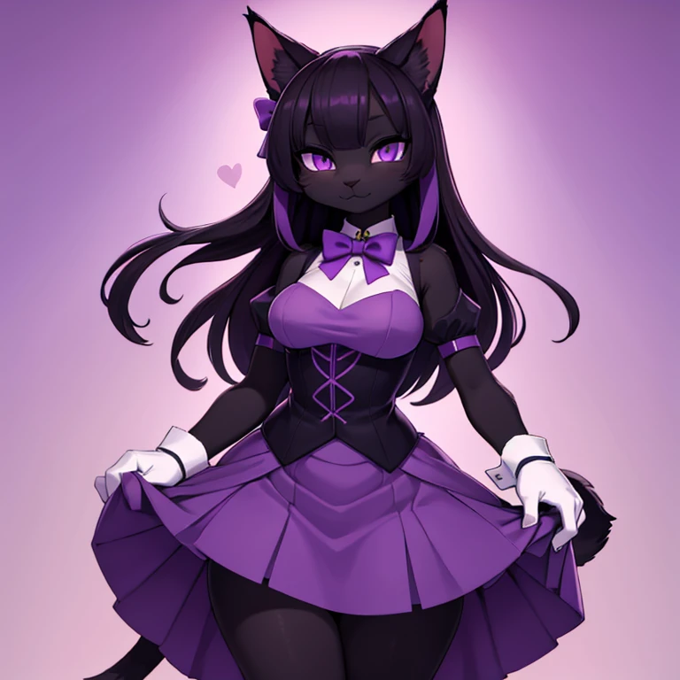 Tall Black female cat, with purple bow, purple bowtie, and with purple skirt with white gloves