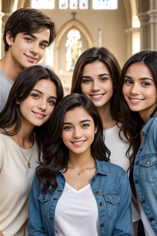 friends group highlights wearing a casual clothes, highly detailed, 22 years old, innocent face, natural mixed hair, hazel eyes, Beauty 10 people, 10 people beauties, Casual clothes, A hyper-realistic, Smiling expression, church hiquality, Friends group, Nikon, Canon, Fujifilm, HD, 4K, 8k