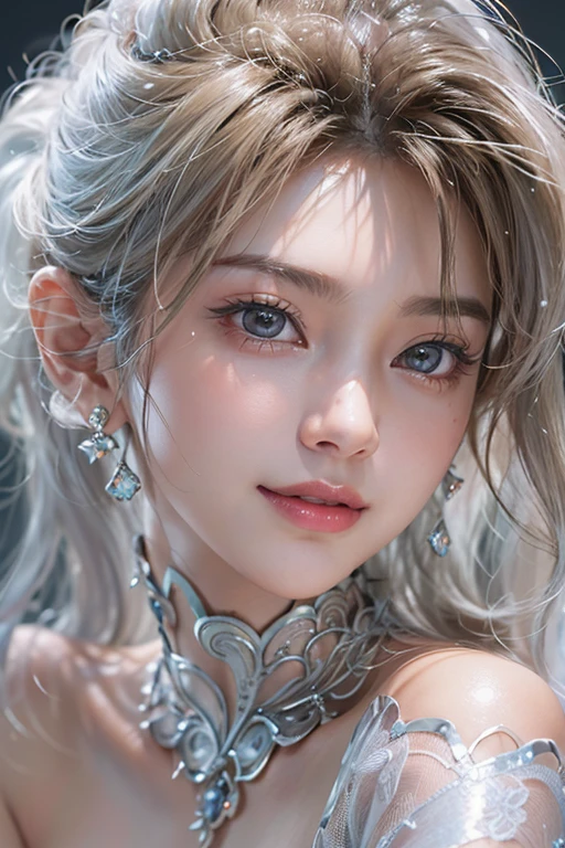 (masterpiece:1.3), (8k, Photorealistic, Raw photo, Best image quality: 1.4), Fair-skinned fairy woman、Long Haircut、, 7 ,Cleavage:2.0、Super detailed face、Attention to detail、double eyelid、Put your chest together、Sharp focus:1.2、Beautiful woman:1.4、Silvery white hair、highest quality、masterpiece、超A high resolution、(Photorealistic:1.4)、Highly detailed and professionally lit smile、Loose, light, futuristic clothing、Shoulder out、thin、Serious expression、Short-haired、Deadly position, gorgeous earrings, one person