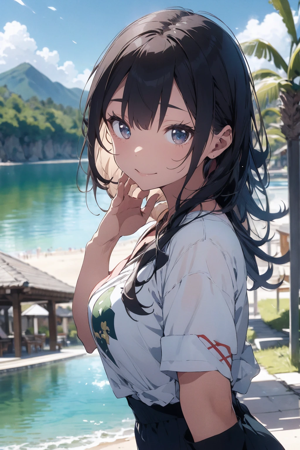 Clean lake、Shining Water Surface、Mountains in the distance々、Canadian Canoe、Sitting in front and behind、They are putting one hand in the water.、Cute Swimsuit、Summer sun、2People Girl、Big Eyes、Healthy girl、Strong sunlight、Summer sun、cumulonimbus、Blue sky、(Smiling shyly、Looking up)、Slender、small breast、cleavage、Super cute、Clear skin、cute Swimsuit、Detailed face、Detailed Hair、detail eyes, (fullbody shot), looking at viewer, Shoulder Bare、(spread legs)