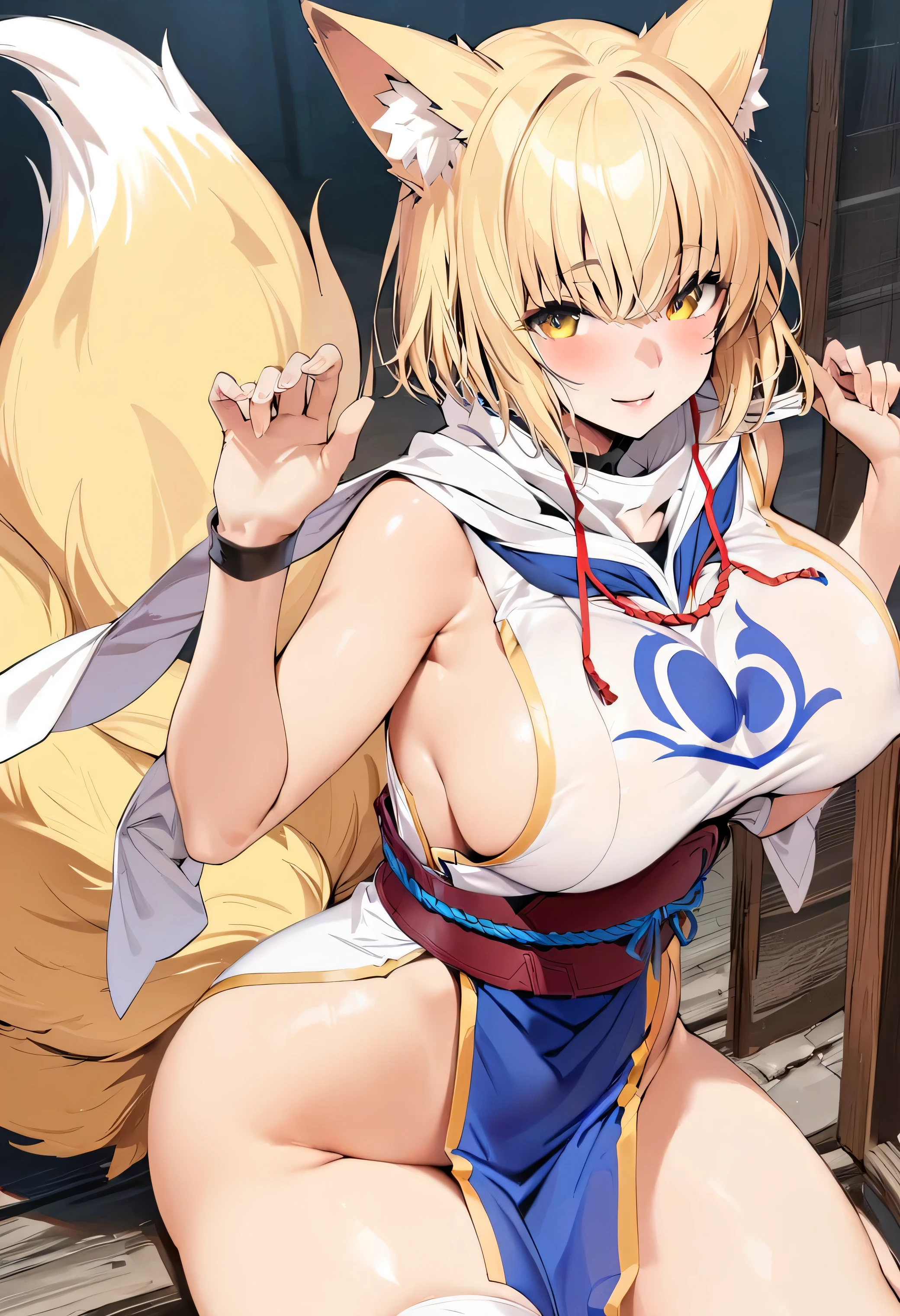 ((masterpiece,highest quality)), Perfect hands,Perfect Legs Yakumo,East, One girl, alone, blonde, blonde hair, short hair, Yellow Eyes, fox tail, Tabard, alone, smile, View your viewers, ,Yakumo blue,strong,Large Breasts,Invite,