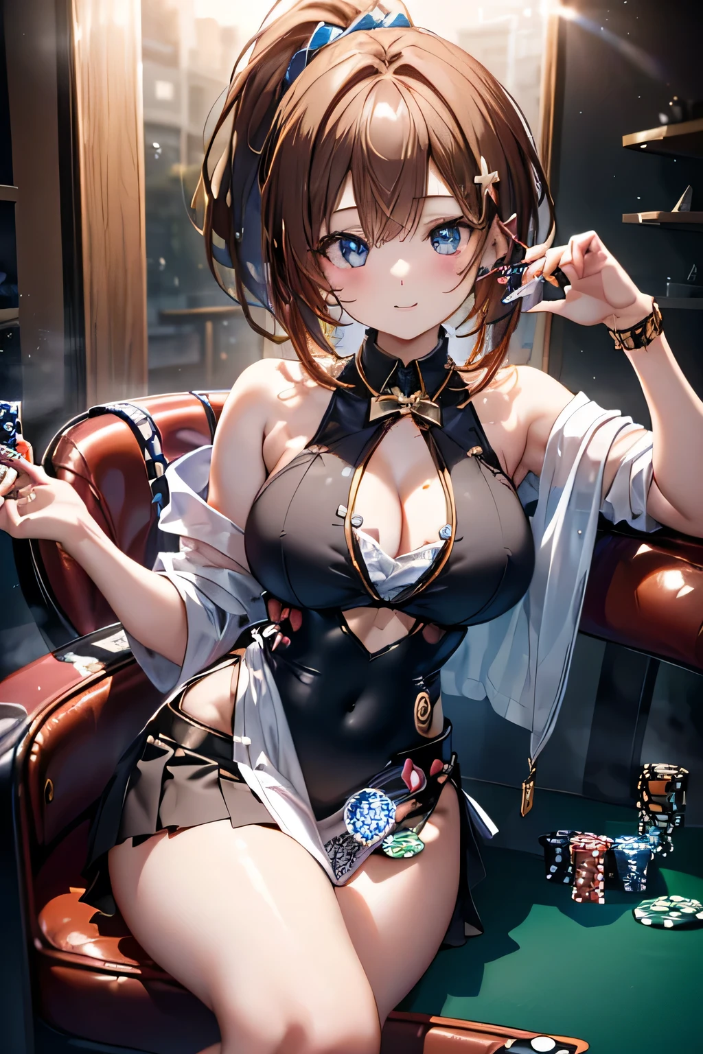 (Sit comfortably in a chair:1.3),(beautiful idol girl playing poker:1.7),playing card details,picture,steampunk king, Cute face,Extreme close up of face,Shiny light brown and orange striped short hair,Messy ponytail,Cute Smile,Perfect round face,Iris,(hairpin、ponytail、Floating Hair、),Chest slip,(Emphasize large breasts:1.3).Professional Lighting,Cinematic Light,(Tabletop,highest quality,Ultra-high resolution output images,) ,(8k quality,),(Sea Art 2.0 mode:1.3),(Picture Mode Ultra HD,)