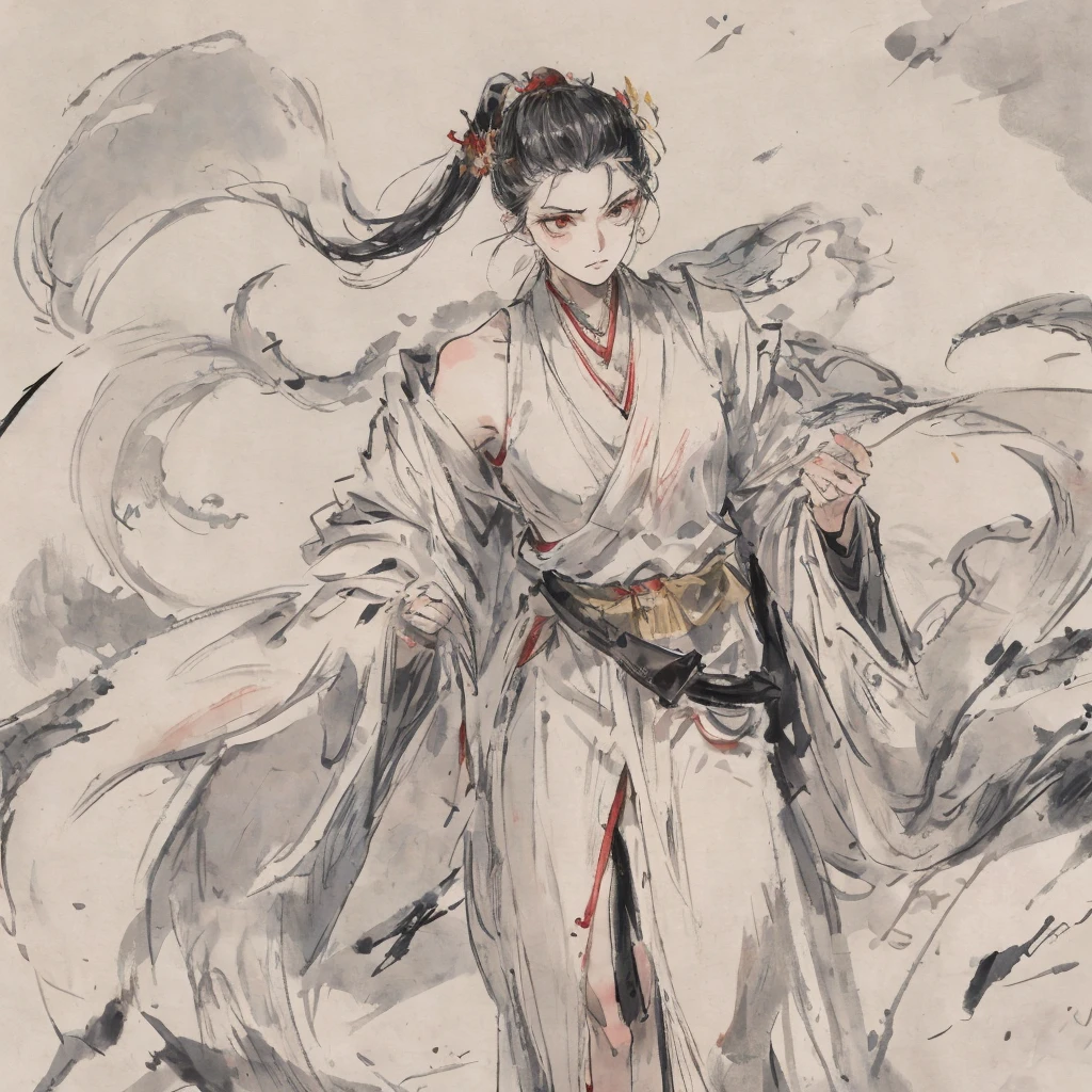 (tmasterpiece),((A high resolution)), ( ((top-quality)), ((super-fine)), ((Ultra Fine CG)),A woman who is,crossed armature face,Human wife face,(Pale yellow robe:1.5),(Small belt:1.3), Delicate hairpins,pony tails,Air bangs,bare shoulders,Bare legs,rage, vred,disgust,disdain,look down on,whiteeyes