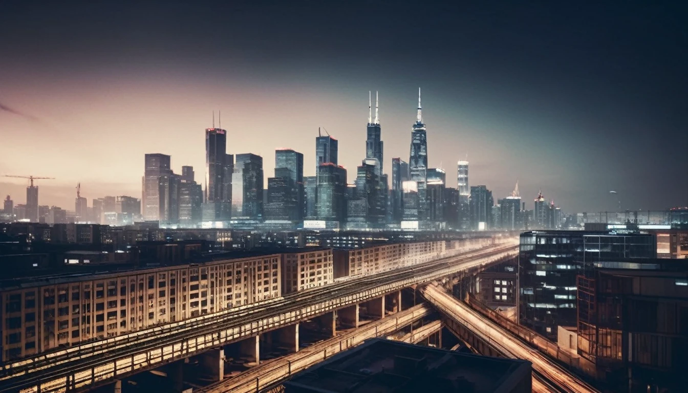 drone view, city skyline of a metropolis with skyscrapers and elevated railways with running trains in the foreground at night,taken from a movie, neutral colors, lomochrome, sfumato, chiaroscuro, dramatic lighting, photorealistic materials and lifelike textures, ntricate details, highly detailed,photorealistic, realistic, cinematic, sharp focus, best shadow, depth of field, ultrarealistic detailed lighting, vintage filter, uhd, hdr, 8k, 35mm film,