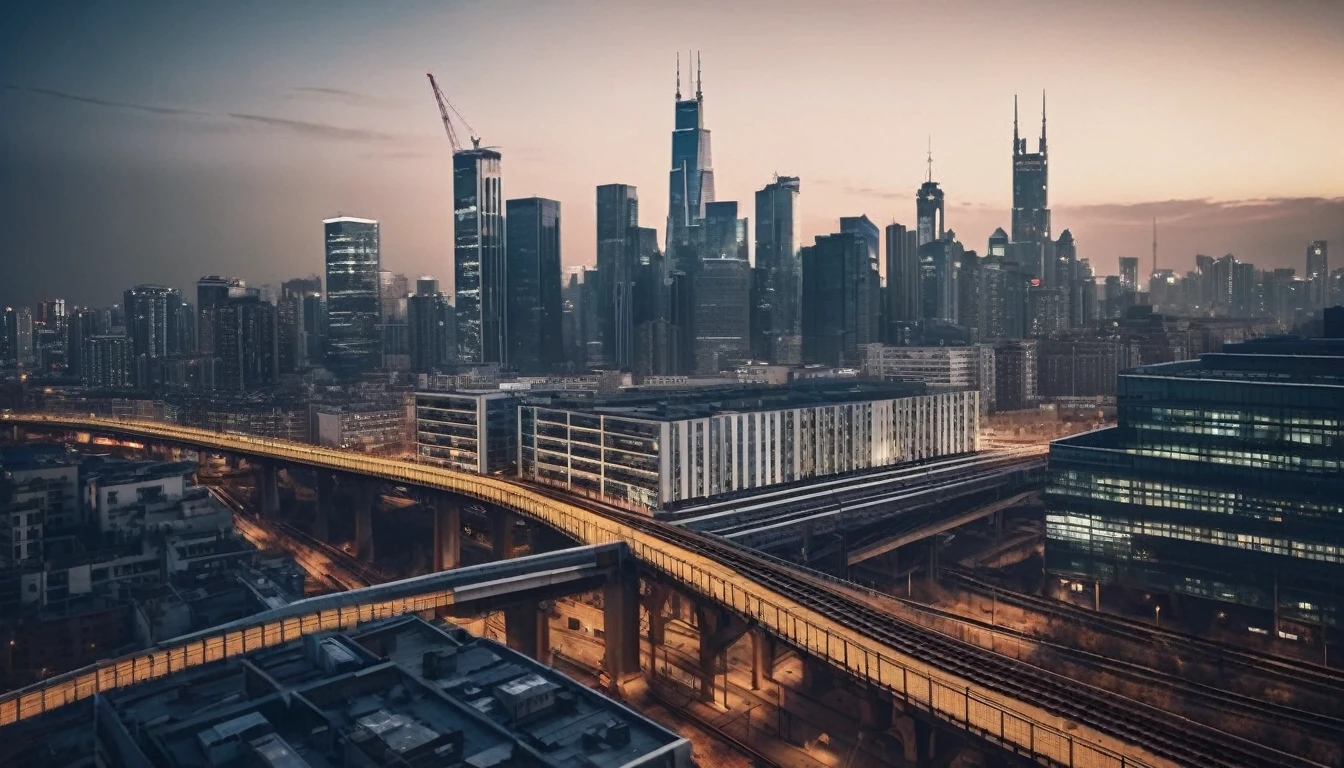 drone view, city skyline of a metropolis with skyscrapers and elevated railways with running trains in the foreground at night,taken from a movie, neutral colors, lomochrome, sfumato, chiaroscuro, dramatic lighting, photorealistic materials and lifelike textures, ntricate details, highly detailed,photorealistic, realistic, cinematic, sharp focus, best shadow, depth of field, ultrarealistic detailed lighting, vintage filter, uhd, hdr, 8k, 35mm film,