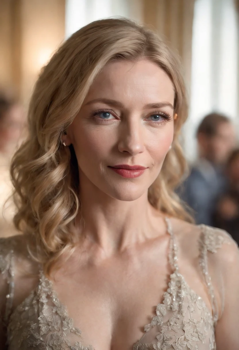 As the camera pans around the room, the magical bokeh of the lights creates a dreamlike atmosphere. No centro da sala, you are a milf goddess, a atriz Cate Blanchett de 54 anos com cabelos loiros ondulados, boca grande, fleshy lips and blue eyes. She wears a shirt with a generous neckline, drawing attention to her large breasts., adding a touch of mystery to its already intriguing presence. its intricate details adding to the overall cinematic feel of the scene.