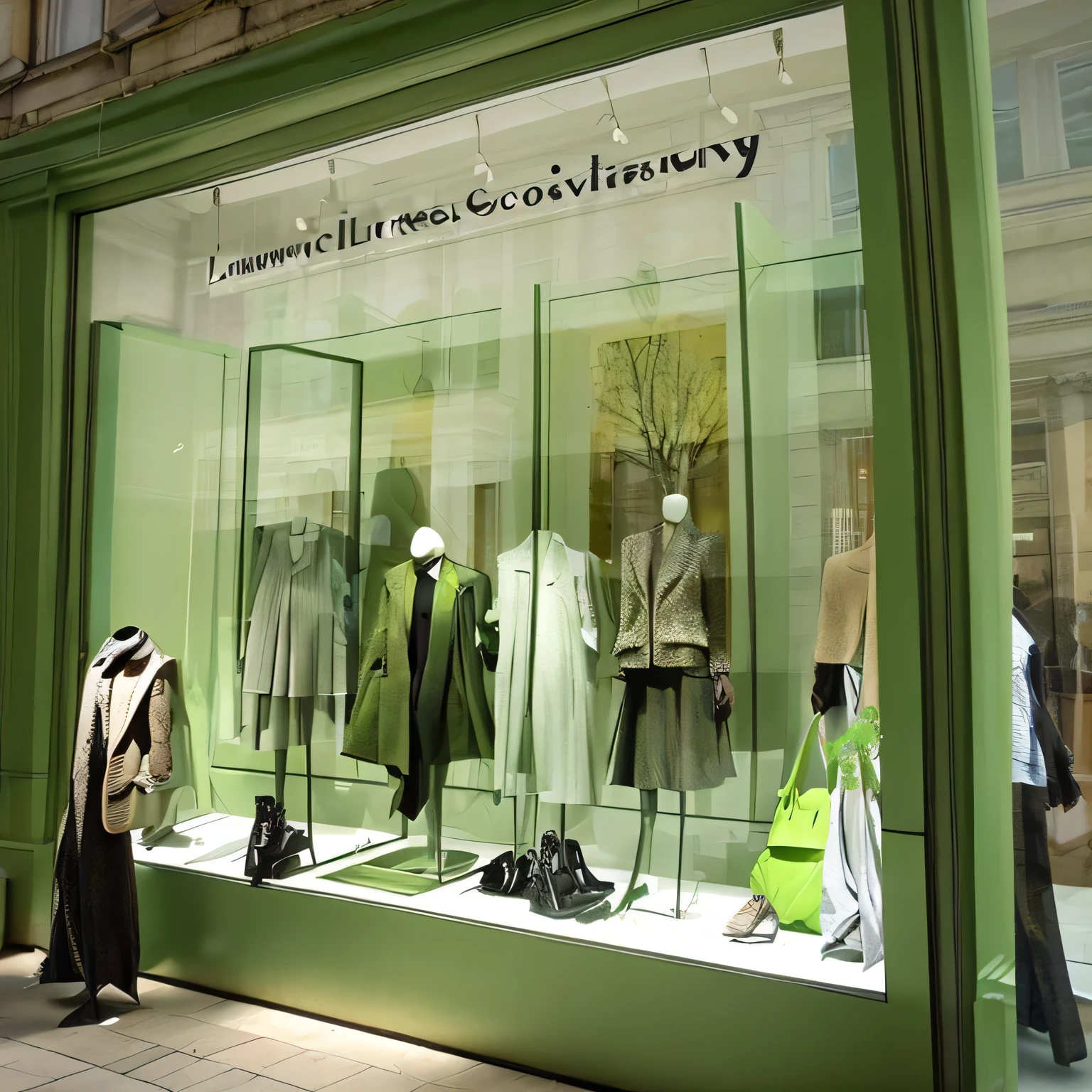 Luxury clothing store window, huge, light shades of green with several pieces of bio-sustainable clothing and bags in the window 