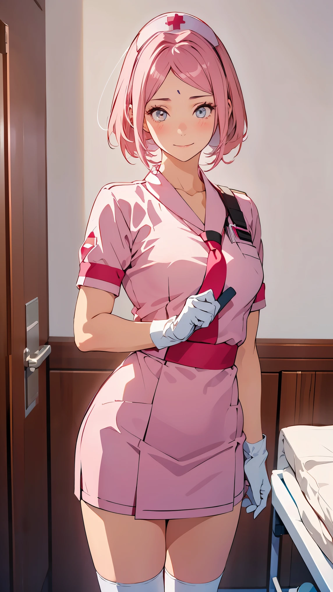 Girl1,pink hair,Nurse, nurse cap, wearing white, ((white legs, Zetai Ryuki)), white gloves, standing, ((hospital room)), short sleeves,seductive smile,Eyes droop,Sharp outline,super detail,high quality,high details,best quality,1080P