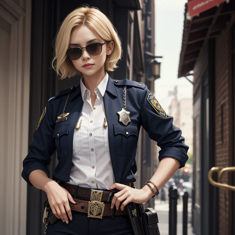 Красивая девушка 🧍‍♀️, blonde, short hair, Sunglasses, police uniform, token, stripe, handcuffs, Holster on the belt, revolver in hand, photorealism, evening