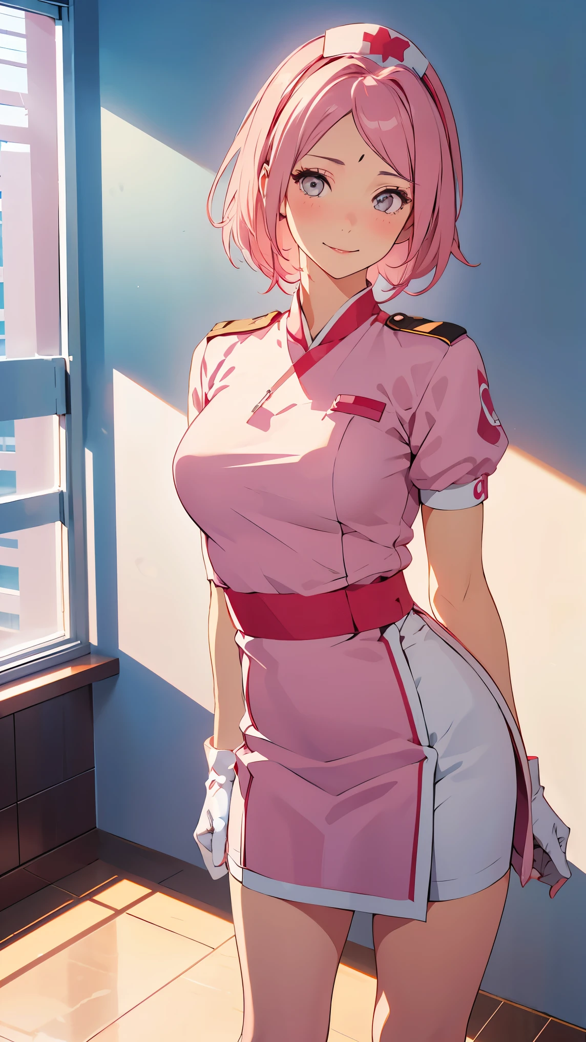 Girl1,pink hair,Nurse, nurse cap, wearing white, ((white legs, Zetai Ryuki)), white gloves, standing, ((hospital room)), short sleeves,seductive smile,super detail,high quality,high details,best quality,1080P