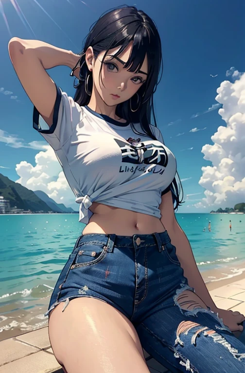 (Hinata Hyuga, muy sensual, con ropa ajustada, gran culo, piernas gruesas, Usar jeans extremadamente ajustados, usando una mini blusa, ombligo con pirsing, pelo grande, Rear speaker, muy realista, extremadamente sexy, 8k, 8k extremadamente detallado), (un extremadamente delicado y hermoso), (obra maestra), (mejor calidad: 1.0), (ultra high resolution:1.0)