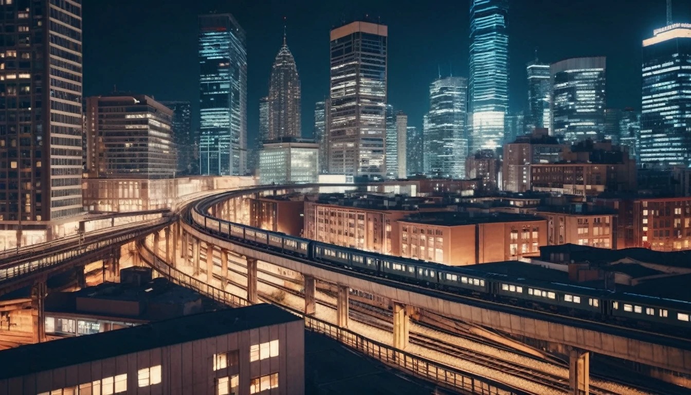 drone view of  skyscrapers and elevated railways with running trains in the foreground at night,taken from a movie, neutral colors, lomochrome, sfumato, chiaroscuro, dramatic lighting, photorealistic materials and lifelike textures, ntricate details, highly detailed,photorealistic, realistic, cinematic, sharp focus, best shadow, depth of field, ultrarealistic detailed lighting, vintage filter, uhd, hdr, 8k, 35mm film,