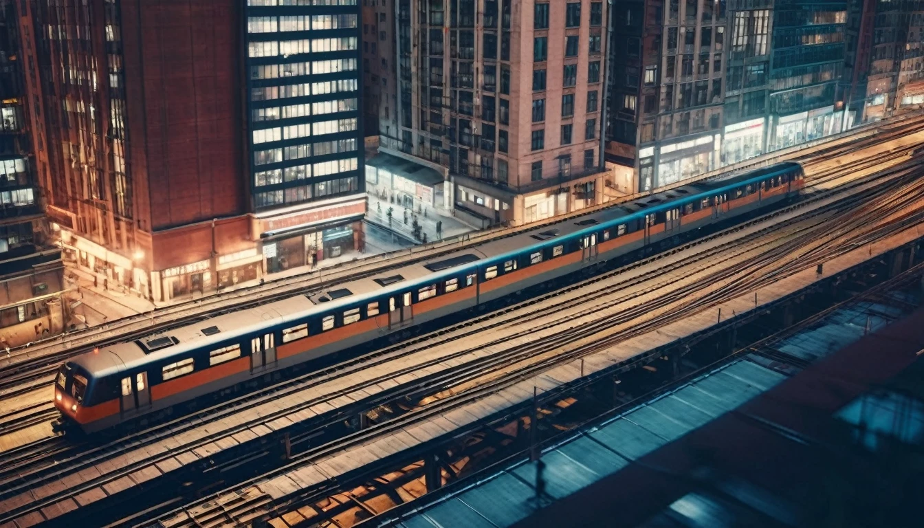 drone view of  skyscrapers and elevated railways with running trains in the foreground at night,taken from a movie, neutral colors, lomochrome, sfumato, chiaroscuro, dramatic lighting, photorealistic materials and lifelike textures, ntricate details, highly detailed,photorealistic, realistic, cinematic, sharp focus, best shadow, depth of field, ultrarealistic detailed lighting, vintage filter, uhd, hdr, 8k, 35mm film,