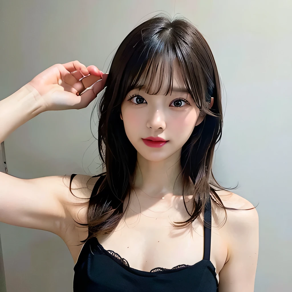 (Photorealistic:1.37、Real)、High-definition CG integrated 8K wallpaper、(Headquarters Skin:1.8、Glossy Skin)、Digital SLR、Soft lighting、high quality、Fujifilm XT3、1girl、solo、White Wallpaper Background、Wood Grain Floor、Medium Hair、small breasts、Black Bra、Black panties、Woman lying in bed、Lower body photo