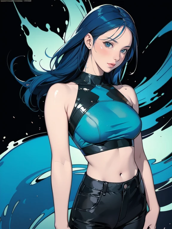 Award-winning Samdo art style、Wearing a crop top and cargo pants、Dark blue teal hair style with head movement、Half-body portrait of a beautiful woman with flowing hair。, Paint splashes, Splash, Overtake, Vaporware, Shaded flat illustration, Digital Art, Trending on Artstation, Very detailed, The finer details, Complex