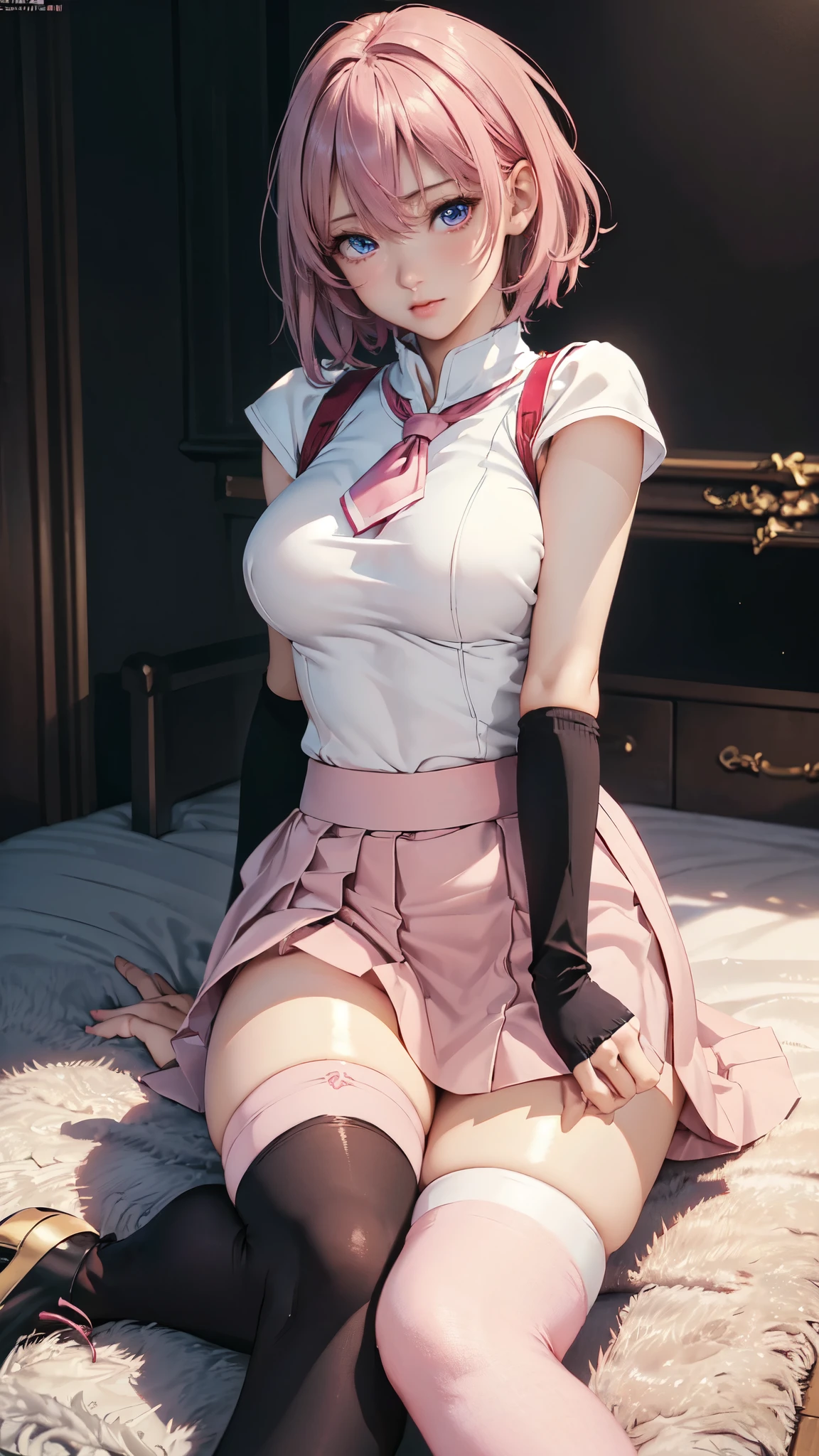 1 Female,High definition,high resolution,Ultra-realistic,8K, hy1, hair ornament, multicolored hair, necktie, skirt, sleeveless, , pink skirt, tight skirt,miniskirt, jewelry,European,sexy,Upper body close-up,Photographed from the front,Dynamic Angles,blush, medium tits, happy, wink the eye,facial, sweat,multicolored hair ,(wide thighs:1.3),(from behind),(huge ass),(show ass),(black thong),(pov, closed shot:1.2),(skirt lift:1.4),bedroom