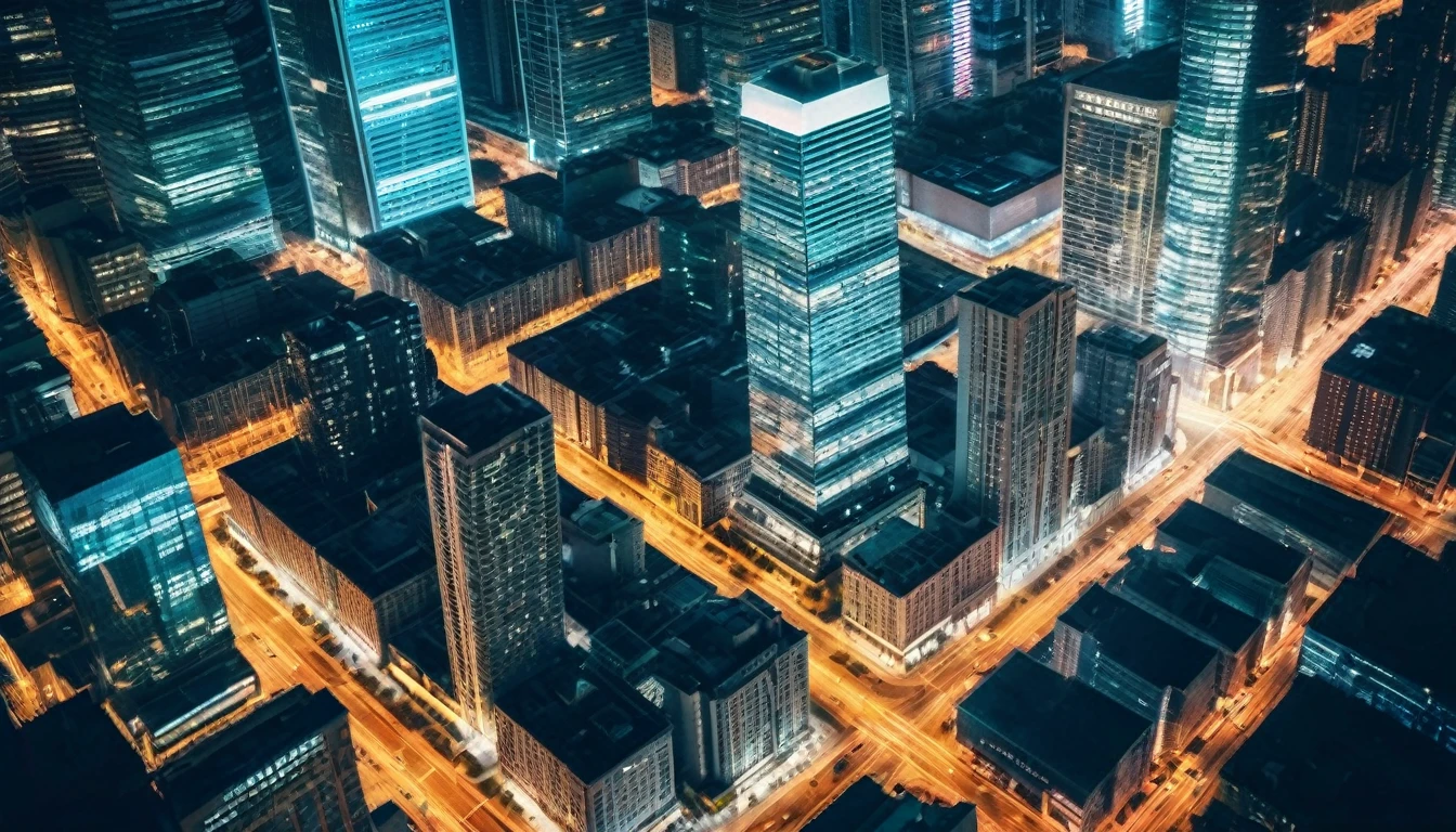 drone view of a metropolis with skyscrapers at night,taken from a movie, neutral colors, lomochrome, sfumato, chiaroscuro, dramatic lighting, photorealistic materials and lifelike textures, ntricate details, highly detailed,photorealistic, realistic, cinematic, sharp focus, best shadow, depth of field, ultrarealistic detailed lighting, vintage filter, uhd, hdr, 8k, 35mm film,