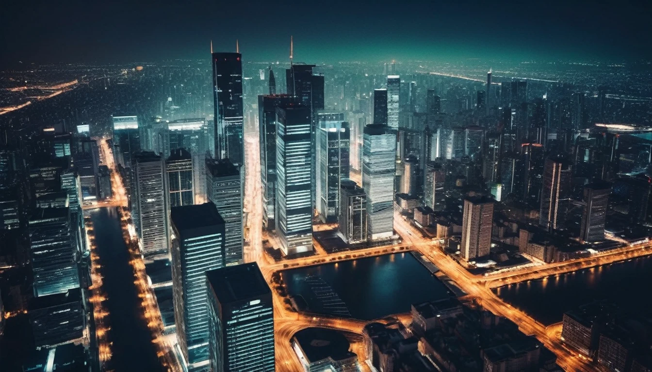 drone view of a metropolis with skyscrapers at night,taken from a movie, neutral colors, lomochrome, sfumato, chiaroscuro, dramatic lighting, photorealistic materials and lifelike textures, ntricate details, highly detailed,photorealistic, realistic, cinematic, sharp focus, best shadow, depth of field, ultrarealistic detailed lighting, vintage filter, uhd, hdr, 8k, 35mm film,