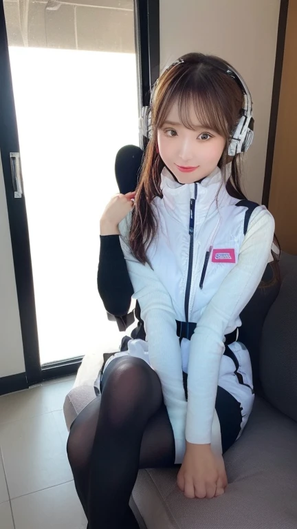 (masterpiece:1.5)、(Realistic:1.5)、(highest quality:1.4、8k、RAW Photos）、
Ultra-high resolution、Professional Lighting、Perfect dynamic composition、Photographed indoors、
Film Grain、chromatic aberration、(Bokeh:1.1)、
Frank、Sophisticated、charm、Ultra-realistic、Attention to detail、Golden Ratio、
(1 girl)、Slender girl、Delicate and charming girl、Cute Woman:1.4、
Serious expression、Looking at the audience、Sculptural installation、Sit on the sofa and relax、
Light brown hair、Shiny Hair、Hairstyle: Ponytail、
real skin、
Shut your mouth.、Beautiful Eyes、double eyelid、Thin arms、、
、Show off your thighs,(astrovest):5,(shiny white log downvest):3,BREAK ((Detailed face, Professional photography)), ((NSFW, zettai ryouiki, 1 girl)), Ultra-high resolution, (Realistic: 1.4), RAW Photos, highest quality, (PhotoRealistic Stick), concentrated, Soft Light, ((30 years old)), ((Japanese)), (( (Young Face))), (surface), (Depth of written boundary), masterpiece, (Realistic),(inside ISS):3, woman, ,astrovest:2,headphone:2,smartwatch,,bangs, ((1 girl)),(black sleeves):2,(black tights):2,inside spacestation,inside spacecraft,,zero gravity,smile,open leg,blush:1.5,hidden hands,neotech