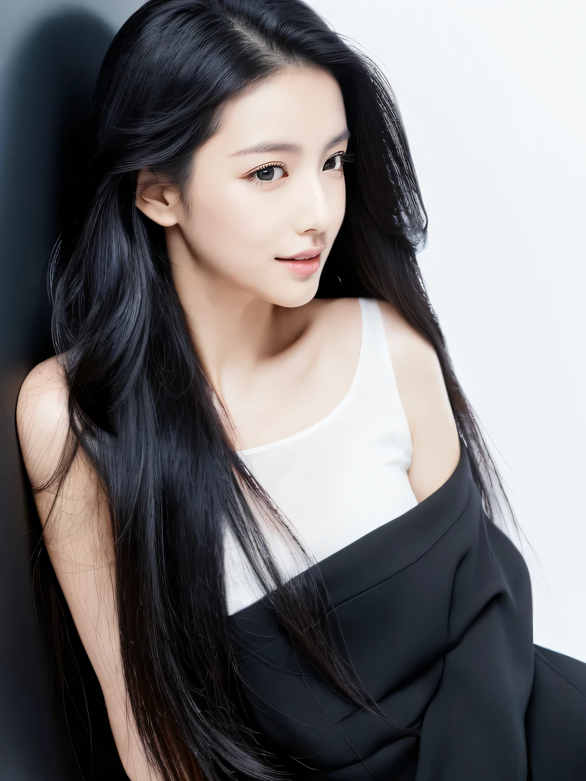 Sure, here is a detailed prompt for the image in English: --- The image features a young woman with shoulder-length black hair standing against a two-toned background. The background is split vertically with the left side in a deep black and the right side in a light gray. The contrast between these colors creates a striking visual effect that draws the viewer's attention to the central figure. The woman is positioned in profile, facing to the left. Her eyes are closed, and her expression is calm and serene, suggesting a moment of introspection or meditation. She is dressed in a white garment that appears to be disintegrating or merging with the background in an abstract manner. From the left side of her body, black liquid-like splashes seem to emerge and blend into the dark background. These black splashes create a dynamic and somewhat chaotic effect, as if she is dissolving into the darkness. On the right side, contrasting white splashes emanate from her body, merging into the light gray background. This side appears more fluid and ethereal, giving a sense of purity and lightness. The interplay between the black and white elements, combined with the woman's calm demeanor, creates a powerful representation of duality and balance. The abstract splashes add an element of movement and transformation, as if she is caught in the process of changing states or merging with her surroundings. The overall composition is minimalist yet deeply expressive, utilizing color contrast and abstract forms to convey a sense of inner peace, transformation, and the coexistence of opposites. The image invites viewers to contemplate themes of identity, duality, and the fluid nature of existence.