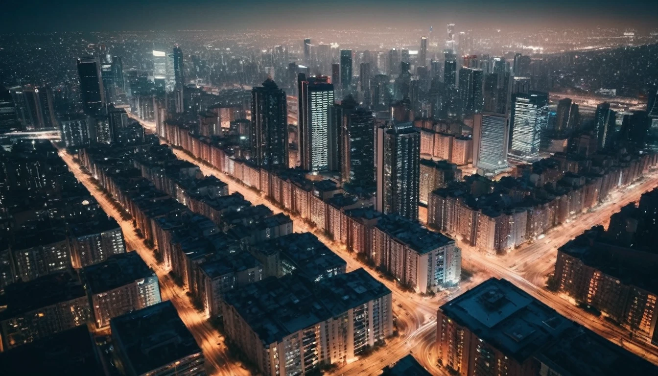 drone view, city skyline of a metropolis with skyscrapers at night,taken from a movie, neutral colors, lomochrome, sfumato, chiaroscuro, dramatic lighting, photorealistic materials and lifelike textures, ntricate details, highly detailed,photorealistic, realistic, cinematic, sharp focus, best shadow, depth of field, ultrarealistic detailed lighting, vintage filter, uhd, hdr, 8k, 35mm film,
