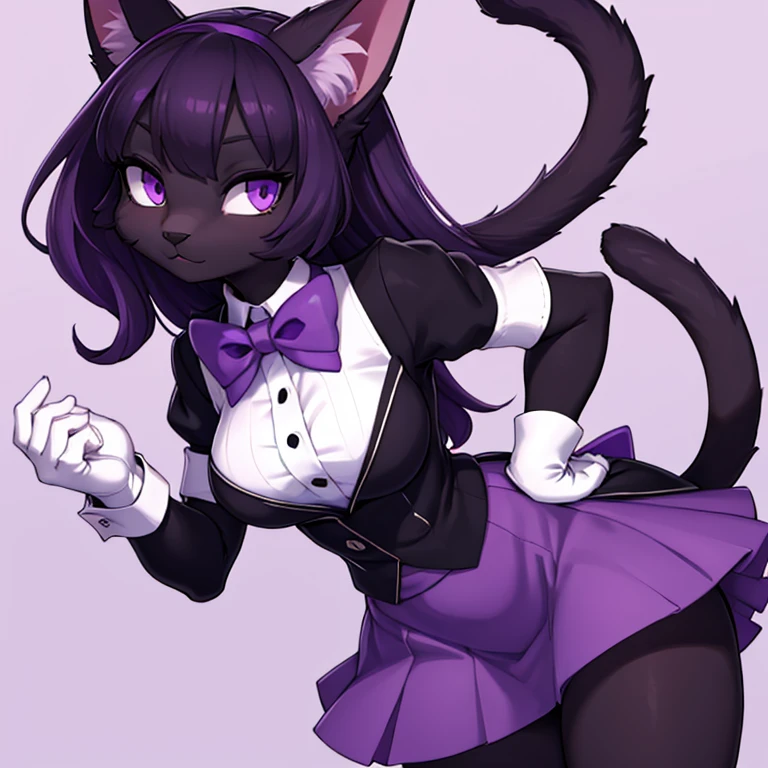 Tall Black female cat, with purple bow, purple bowtie, and with purple skirt with white gloves