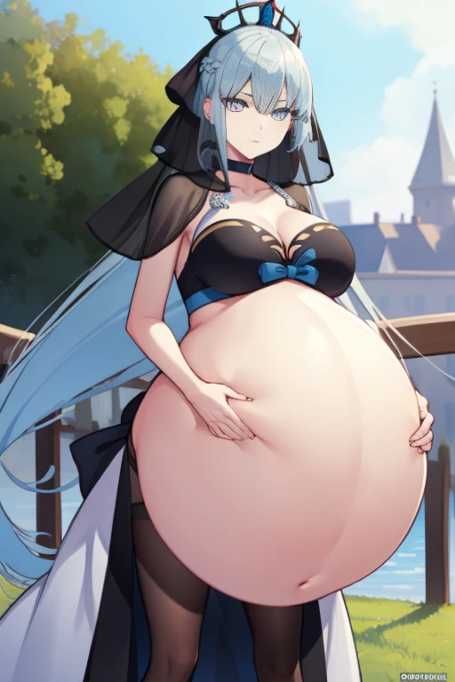 morganlefay, morgan le fay, black bow, bow, light blue hair, blue eyes, choker, hair bow, hair ornament, long hair, ribbon,
BREAK black veil, braid, cleavage, clothing cutout, collarbone, crown, navel, stomach cutout, veil,
BREAK outdoors, city, cabello blanco
BREAK looking at viewer, 
BREAK (masterpiece:1.2), best quality, high resolution, unity 8k wallpaper, (illustration:0.8), (beautiful detailed eyes:1.6), extremely detailed face, perfect lighting, extremely detailed CG, (perfect hands, perfect anatomy), vore, big belly, large belly, vore belly, (vore belly:1.6), (large belly:1.4), good belly