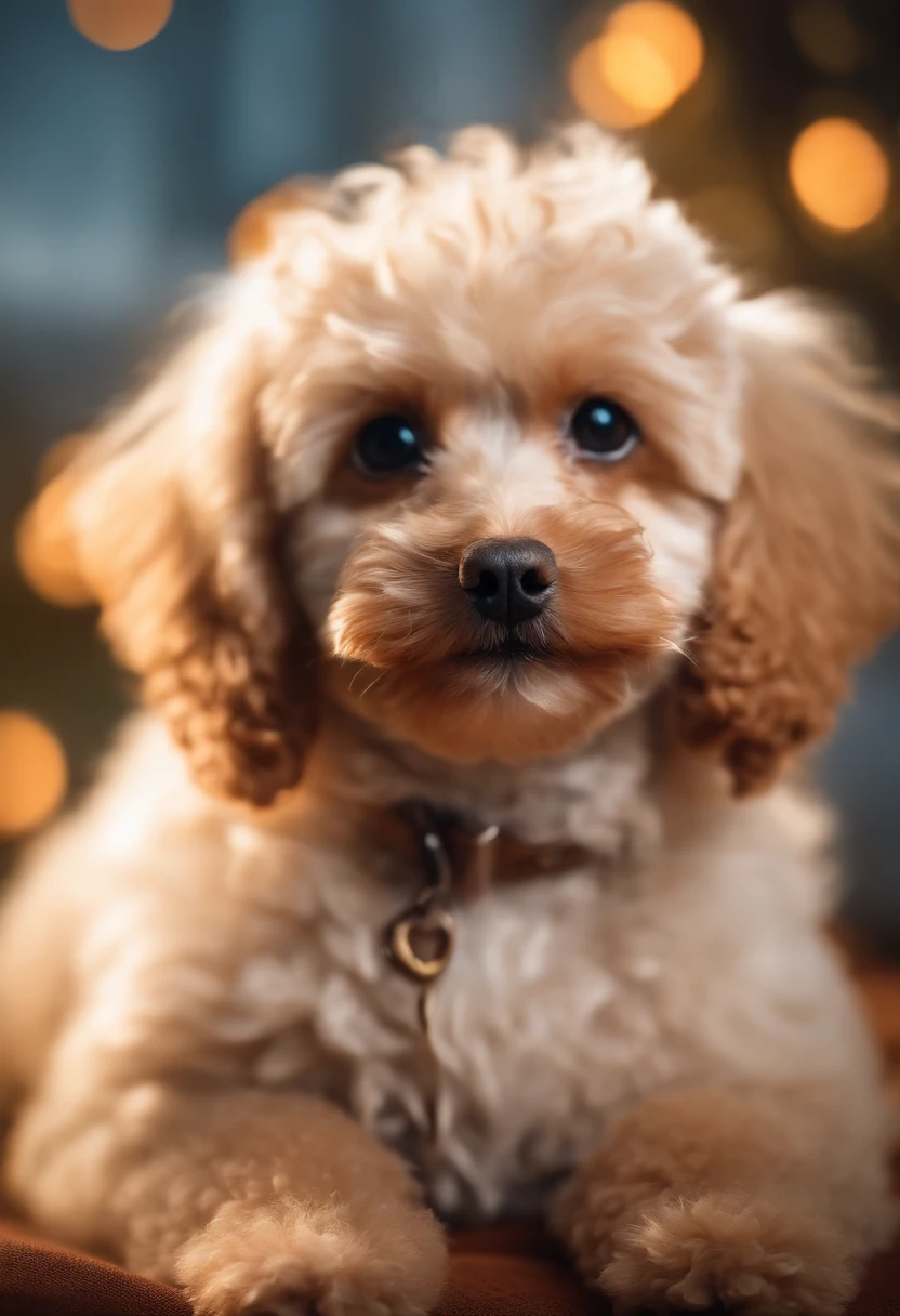 Very cute toy poodle illustration,8k resolution,High resolution,Very detailed,A clear focus on Ultra HD Teddy Dog's highly detailed character design。。Edge Light、With soft light and solar flares、Adds depth and atmosphere to images。。fluffy、A misty bright gold floral background with a subtle mist effect is ideal,Add a mystical touch to your illustrations。How to bring a puppy to life、Bright colors should be used,Highlight your puppy's fluff and personality、((The owner, a woman, is behind him.:1.4))、((The woman is a -yeld Jaese woman.)),