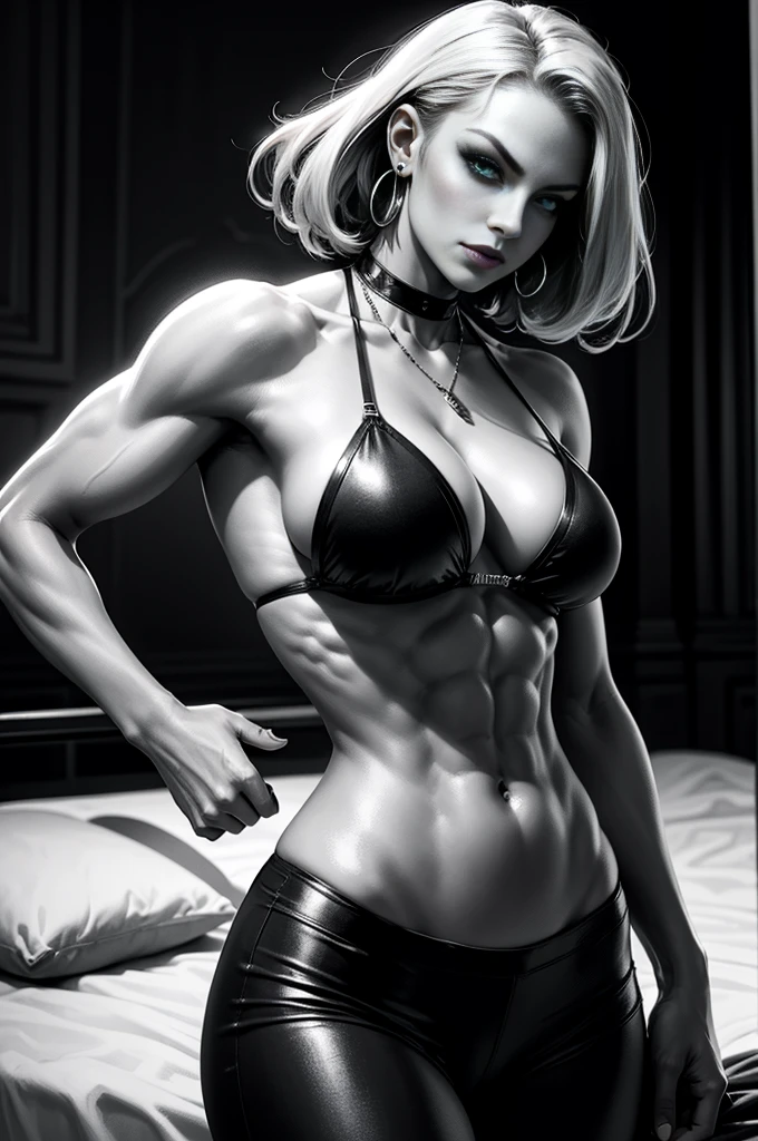 a gorgeous female assassin in a bikini, (covered in blood), bedroom location, at night, portrait, masterpiece, eight pack abs, extremely defined muscles, wide shoulders, narrow waist, narrow hips, strong shoulders, biceps, triceps, ((slim, slender, sexy, toned)), smirk, confident, amused, sadistic, blonde hair, huge breasts, necklace, earrings, jewelry, make up, eyeliner, (red blood), (glowing green eyes), ((((black and white picture, ink, artwork))))