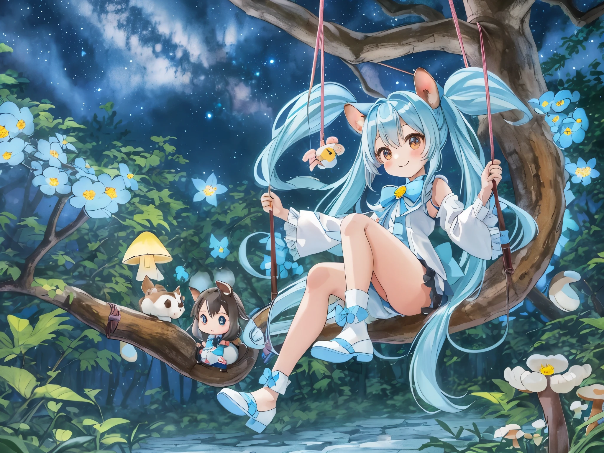 Light blue long hair、Cute chibi character with twin tails、Bright smile、In the moonlit forest、Cute squirrel sitting、Riding on a swing hanging from a big tree、A cute big squirrel is looking at a chibi character、There are lots of beautiful flowers blooming at my feet、There are also mushroomoonlit Night、milky way、shooting star