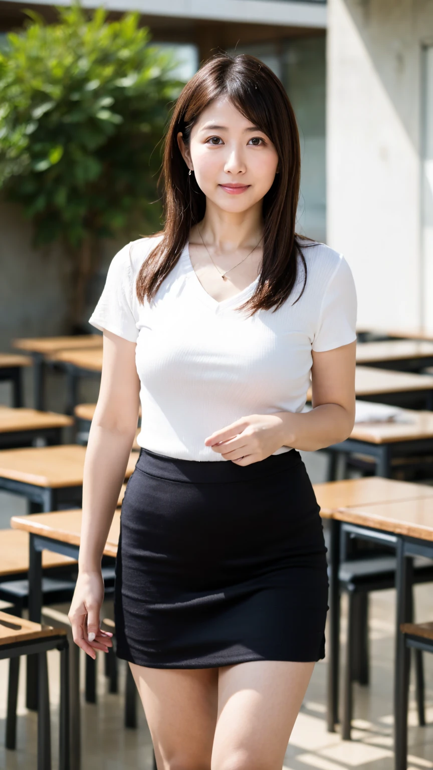 High resolution, highest quality, masterpiece, Textured skin, Anatomically correct, sharp, (((Full body photo))), Alone in the classroom, (Walking), ((Japanese Mature, 42 years old)), Nasolabial folds, Straight hair, Semi-long hair, (Plump figure:1.4), Shapely small breasts, (looking at the camera), Serious expression, (Business look), ((teacher)), Ribbed short sleeves V-neck, Formal tight skirt, pumps, necklace