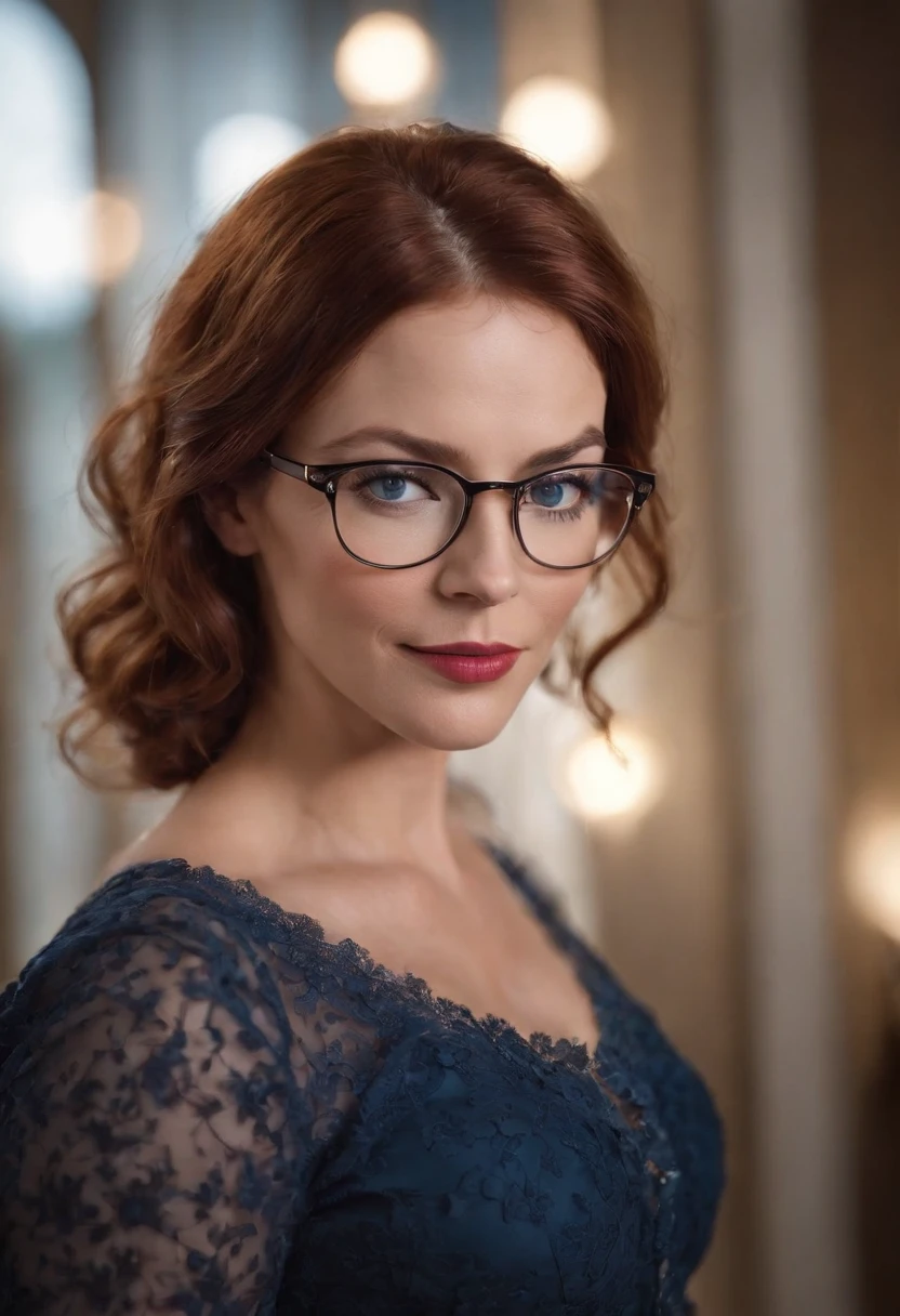 As the camera pans around the room, the magical bokeh of the lights creates a dreamlike atmosphere. No centro da sala, There is a 45 year old milf goddess with big glasses and wavy red hair, boca grande, fleshy lips and blue eyes. She wears a shirt with a generous neckline, drawing attention to her large breasts., adding a touch of mystery to its already intriguing presence. its intricate details adding to the overall cinematic feel of the scene.