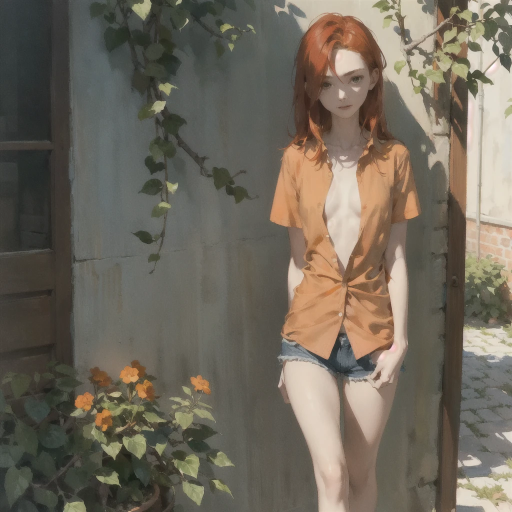 Beautiful slender thin exquisite (nude) girl with a perfect face of the southern type with red hair with tender breasts with tender nipples barefoot with bare hips ((with red pubic hairs)) ((in an unbuttoned open light orange shirt over his naked body and short light orange shorts)) walks along a brick road in the middle of a flowering field to a house with (coffee), coffeeйные напитки и оттенки, in a gentle watercolor style, Discreet shades, sfumato, haze, diffused dim light, delicate mint shades, imitation of film photography, (olive and grape groves, Brick Road)