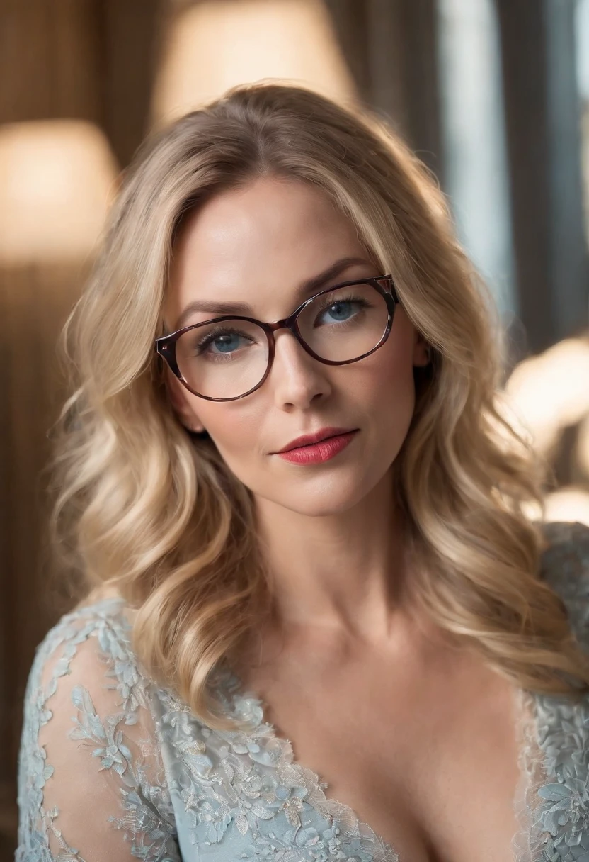 As the camera pans around the room, the magical bokeh of the lights creates a dreamlike atmosphere. No centro da sala, There is a 45 year old milf goddess with big glasses and wavy blonde hair, boca grande, fleshy lips and blue eyes. She wears a shirt with a generous neckline, drawing attention to her large breasts., adding a touch of mystery to its already intriguing presence. its intricate details adding to the overall cinematic feel of the scene.