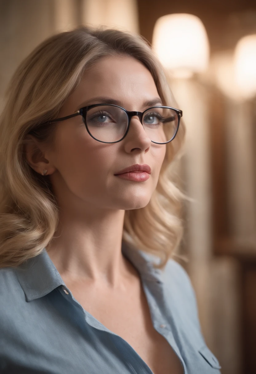 a beautiful woman in the cosmetologist's office, with glasses, he holds a pair of tweezers in his hand, professional, (4k photo:1.1), high detail, wearing azure dress, beautiful detailed face, hazel eyes, short blonde hair, body shape, massage table, windows