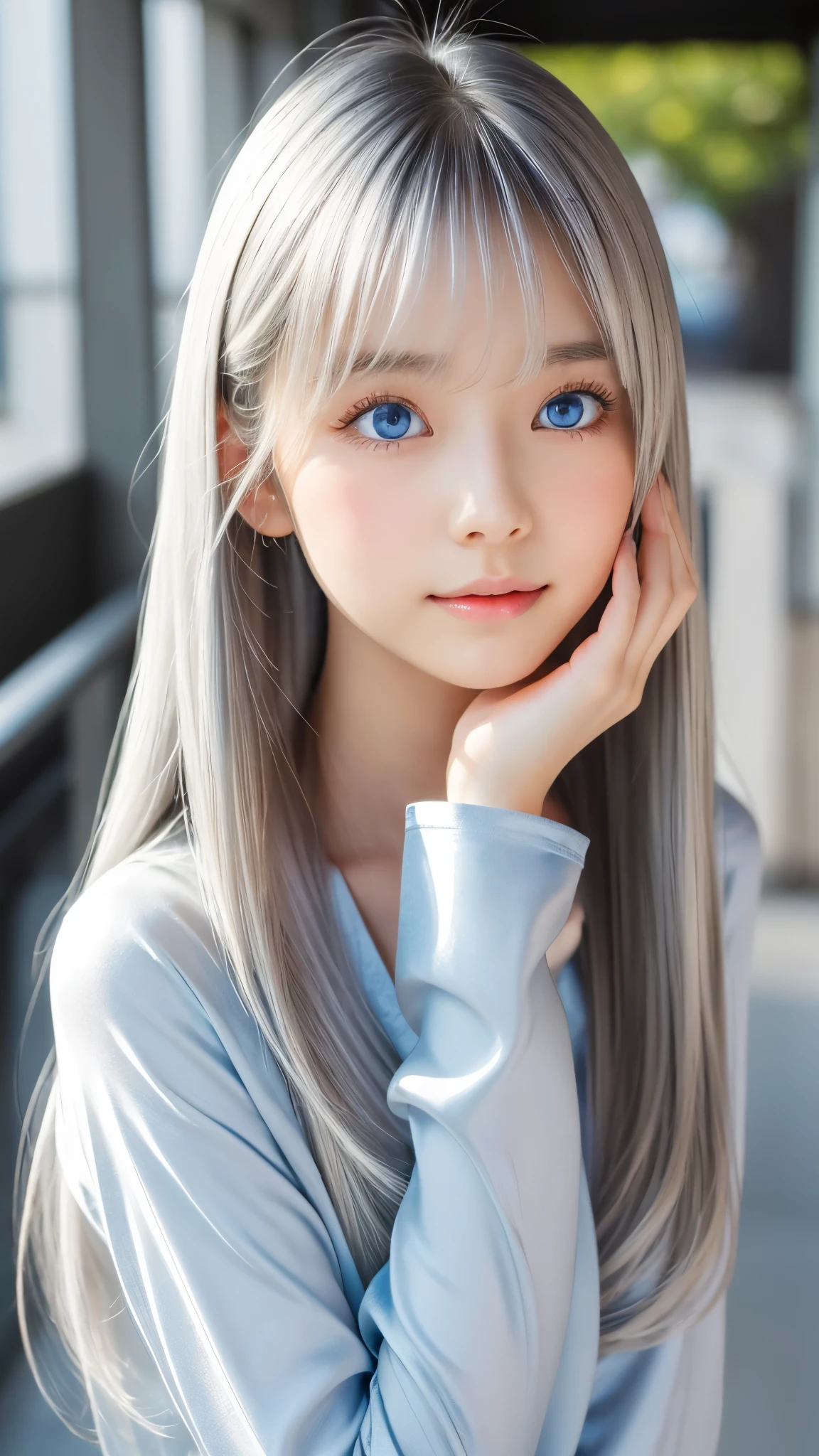 Shining, clear, white skin、Her windblown silver hair hides her beautiful face.、huge、28 years old cute sexy little beautiful face、Beautiful straight hair that stands out、growing up, Sparkling light blue eyes、long silky bangs that cover cute eyes, Sexy and cute young woman with super long hair hiding her sexy face、Shining silver hair