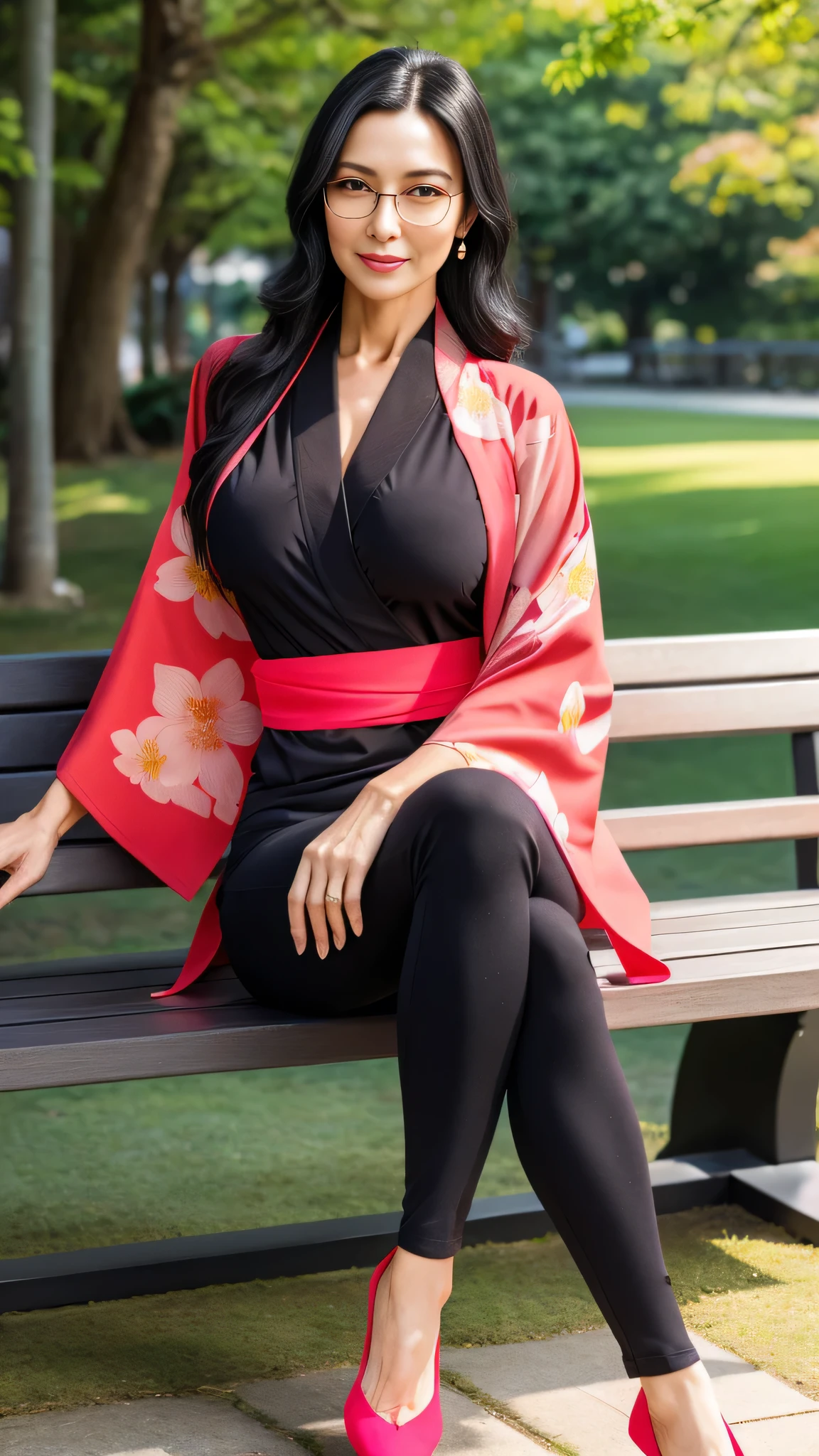 Professional, High level of detail, Full body photo (attractive 50yo woman:1.3), long black hair, tied up, gray eyes, (neon red-colored tight opened shirt)1.4, (red kimono flower motif)1.455,natural lighting, (seductive:1.1), (blushing:1.1 ), (classy, elegant, dandy)1.2, (round natural breasts)1.2 (pokies)1.3, (toned body, hourglass body shape) (wipe hips), (full body with visible face and eyes)1.5, glasses, earnings, at park, sit at bench, high neck clothes, holding book