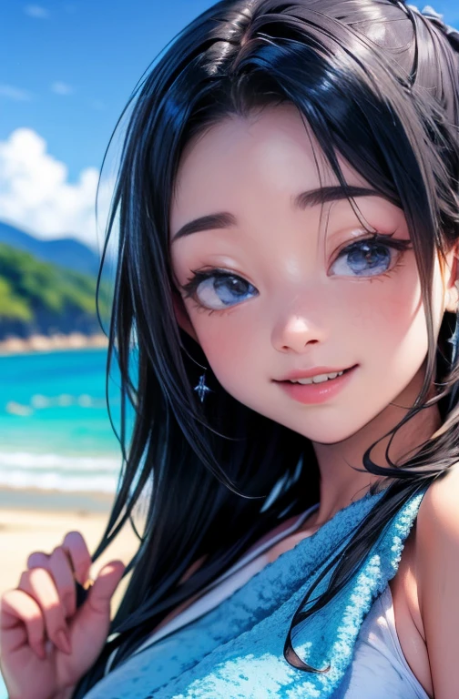 highest quality、Realistic、Women、zoom、summer、Sea of night、cute、Blue Eyes、black hair、Long Wavy Hair、One piece swimsuit、smile、Looking down、smile、Bust Shot、