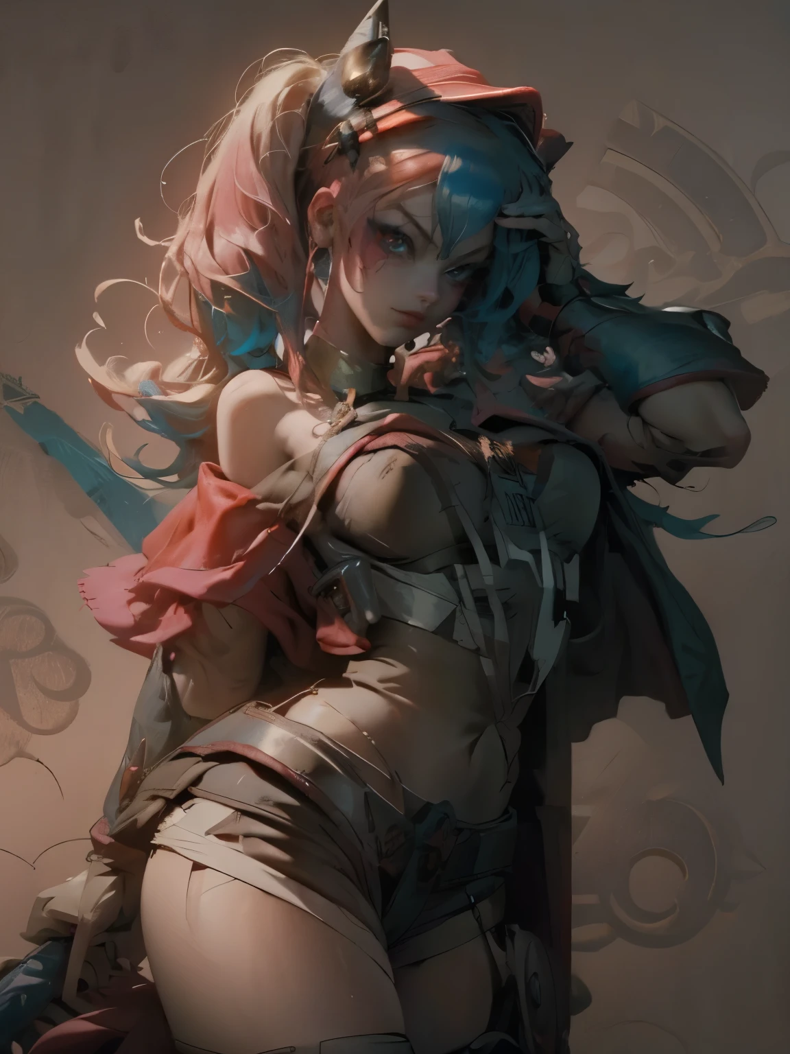 Hermosa y sensual dark magician gils vestida como Harley Quinn. Red and blue hair. Labios rojos. Ojos azules. Pose sensual y amenazadora. love explanation background.