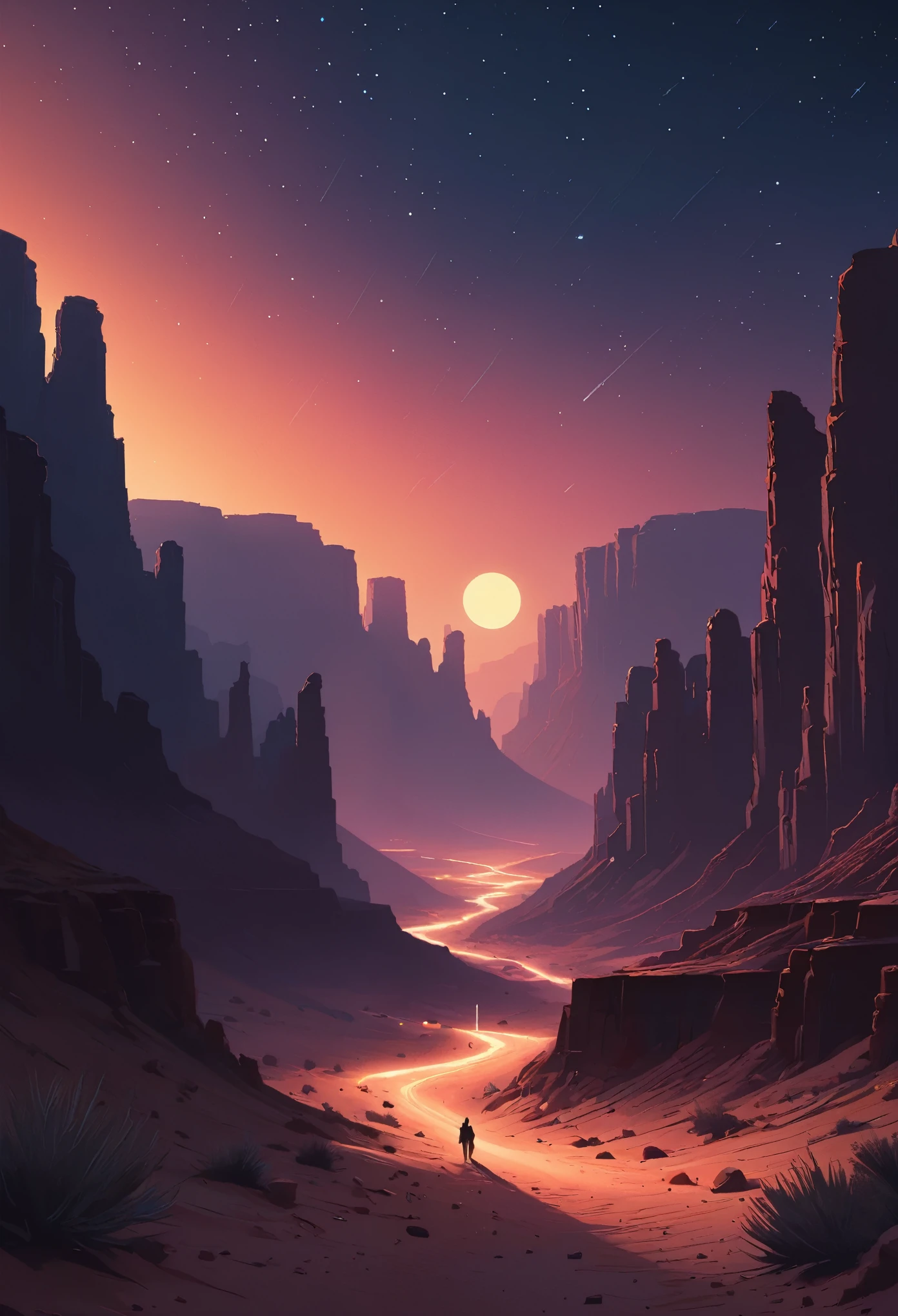 desert canyon, noche estrellada, by Alena Aenami, mejorar, intrincado, (mejor calidad, Obra maestra, Trabajo representativo, arte oficial, profesional, fondo de pantalla de unidad 8k:1.3)