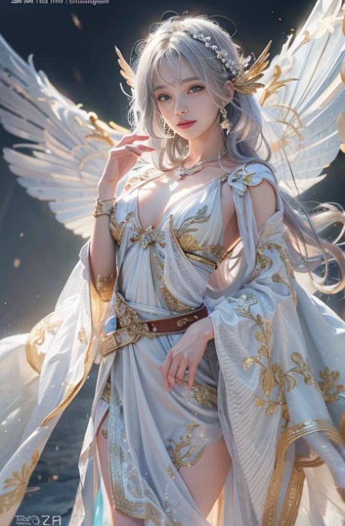 (masterpiece:1.3), (8k, Photorealistic, Raw photo, Best image quality: 1.4), Fair-skinned fairy woman、Long Haircut、Cleavage:2.0、Super detailed face、Attention to detail、double eyelid、Put your chest together、Sharp focus:1.2、Beautiful woman:1.4、Silvery white hair、highest quality、masterpiece、超A high resolution、(Photorealistic:1.4)、Highly detailed and professionally lit smile、Loose, light, Ancient Greek clothing、Shoulder out、thin、Serious expression、Short-haired、Deadly position, gorgeous necklace , one person、whole body, Enormous wings from the latissimus dorsi、Above the Clouds