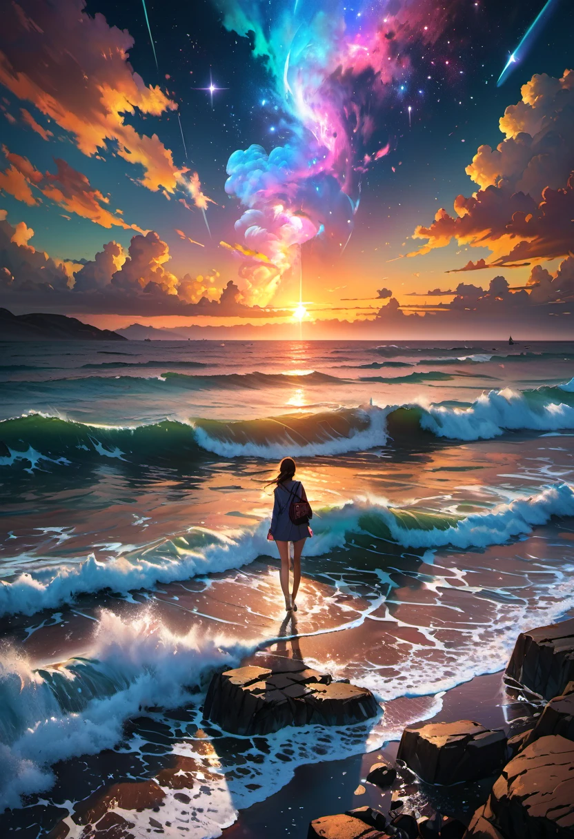 official art, unified 8k wallpaper, super detailed, masterpiece, Best image quality,super wide angle,evening,slim naked girl,Standing in the pond,water is like a mirror,reflecting the sky。look up to the sky,Colorful sunset,Dynamic angle, grace, bright colors, pee, peeing