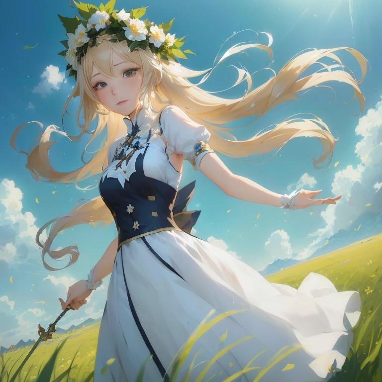 anime girl with long blonde hair in a white dress and flower crown, beautiful maiden, guweiz on pixiv artstation, cushart krenz key art feminine, in dress, guweiz on artstation pixiv, cute anime waifu in a nice dress, zerochan art, anime goddess, epic light novel art cover, rin, official artwork