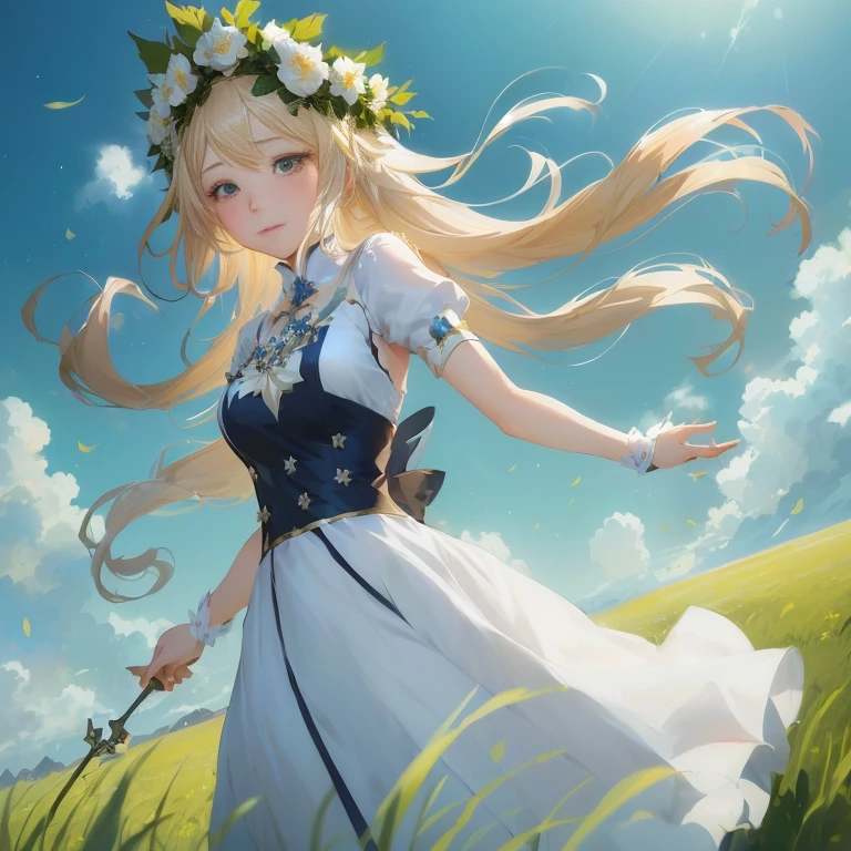 anime girl with long blonde hair in a white dress and flower crown, beautiful maiden, guweiz on pixiv artstation, cushart krenz key art feminine,  in dress, guweiz on artstation pixiv, cute anime waifu in a nice dress, zerochan art, anime goddess, epic light novel art cover, rin, official artwork