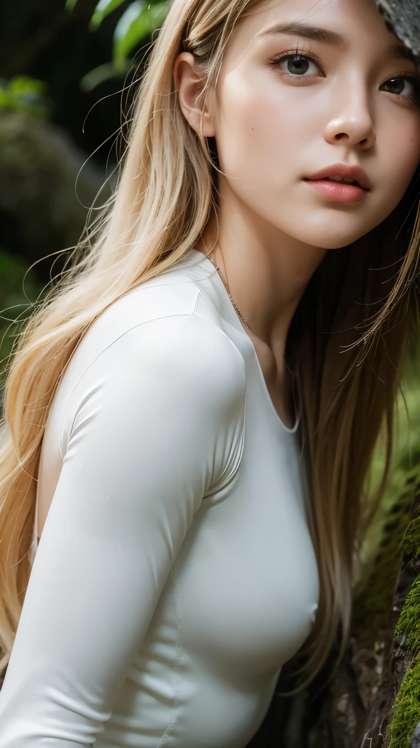 Strong light, Strong contrast, In an open-roofed cave、Sunlight shines through green moss and ferns。,  And open( Sea view:1.1) The bottom, Cel-shaded rendering, 4K,  360 degrees, Equirectangular projection, what, 1girl, Woman in her 30s､A beautiful woman､long blonde hair､White latex leotard､White long boots､white arm cover､masterpiece, 最high quality, high quality, High resolution, (((Face close-up)))