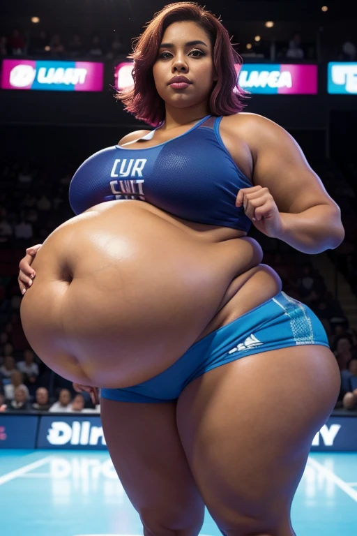 a close up of a person on a basketball court with a basketball, bra and shorts streetwear, beautiful thick female, thick thighs, sport bra and shorts, thick body, thick, sport bra and dark blue shorts, thicc, she has a jiggly fat round belly, short robust woman, gorgeous female, jaw dropping beauty, violet myers, instagram model, curvy woman. voluoptous woman. natural skin texture, 4K textures, HDR, intricate, highly detailed, sharp focus, hyper-detailed, curvy body, plump body, huge big ass, thick body, curvy body type, voluptuous body type, busty body type, thick body type, big chest, big