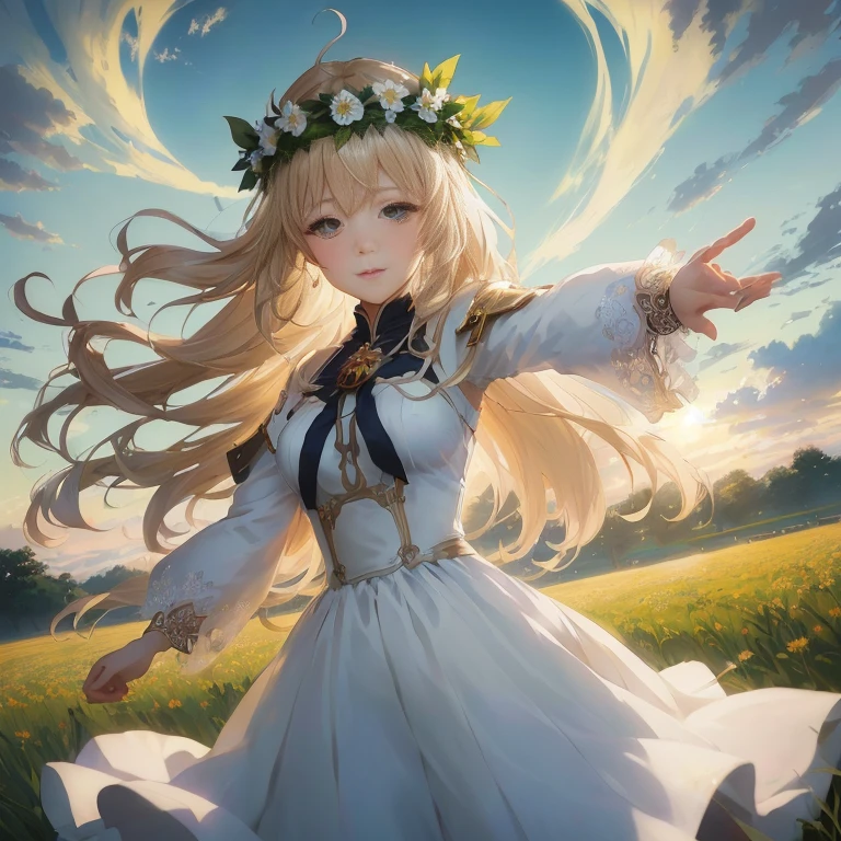 anime girl in white dress with flower crown in field, anime goddess, cushart krenz key art feminine, epic light novel art cover, guweiz on pixiv artstation, official art, official artwork, beautiful maiden, violet evergarden, cute anime waifu in a nice dress, guweiz on artstation pixiv, trending on artstation pixiv